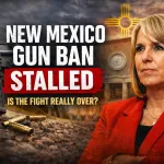 Governor Michelle Lujan Grisham alongside an AR-15 rifle and shell casings with New Mexico SB 17 gun ban headline graphic.