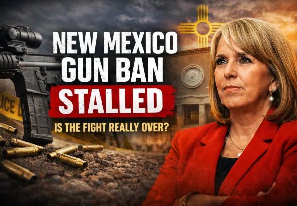 Governor Michelle Lujan Grisham alongside an AR-15 rifle and shell casings with New Mexico SB 17 gun ban headline graphic.