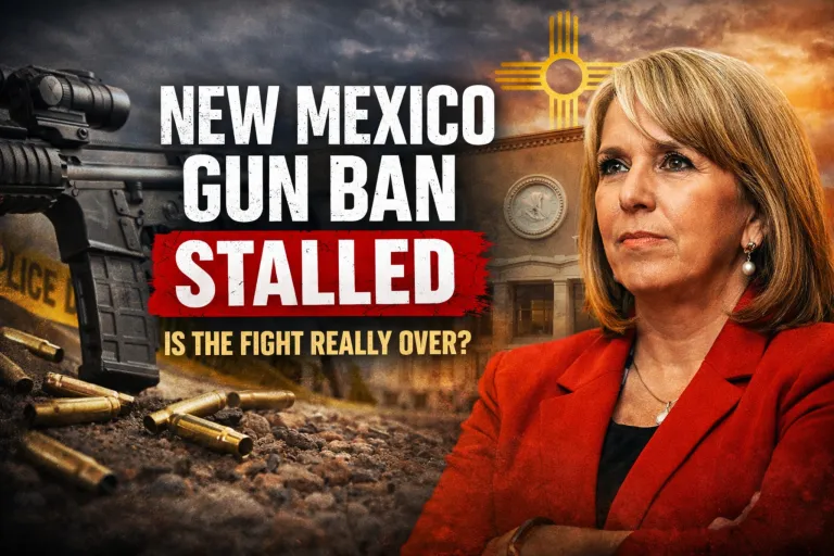 Governor Michelle Lujan Grisham alongside an AR-15 rifle and shell casings with New Mexico SB 17 gun ban headline graphic.