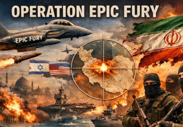 Illustration titled Operation Epic Fury showing a fighter jet launching a missile, an aircraft carrier, burning Iranian flag, Iran map in crosshairs, masked armed fighters and explosions