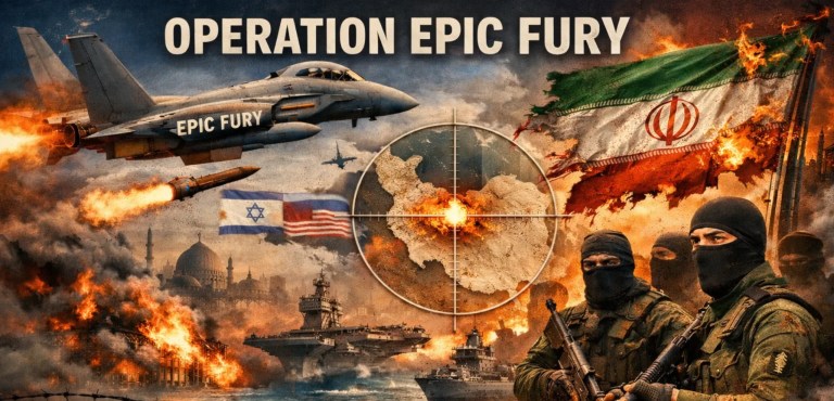 Illustration titled Operation Epic Fury showing a fighter jet launching a missile, an aircraft carrier, burning Iranian flag, Iran map in crosshairs, masked armed fighters and explosions