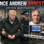 News graphic with the headline “Prince Andrew Arrested” and subhead “Epstein Investigation,” featuring a collage of a police escort scene, an Epstein portrait panel with a DOJ seal, and an Aylsham Police Station image with police tape.