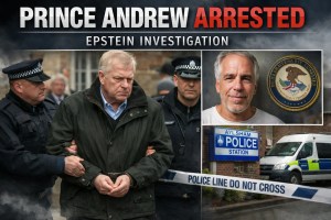 News graphic with the headline “Prince Andrew Arrested” and subhead “Epstein Investigation,” featuring a collage of a police escort scene, an Epstein portrait panel with a DOJ seal, and an Aylsham Police Station image with police tape.