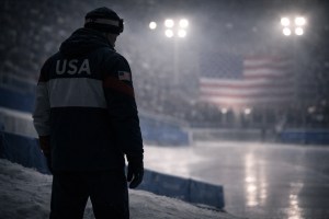 A Team USA Olympic athlete stands alone at the edge of a snowy competition venue, facing a distant American flag under stadium lights.