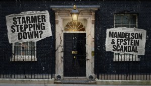 Downing Street door with newspaper style graphics reading “Starmer stepping down?” and “Mandelson and Epstein scandal”