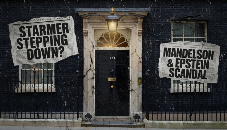Downing Street door with newspaper style graphics reading “Starmer stepping down?” and “Mandelson and Epstein scandal”