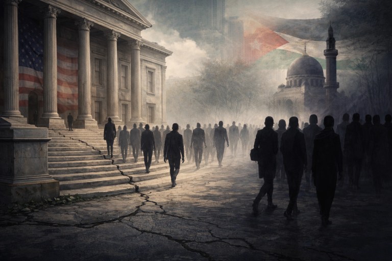 Editorial illustration showing a U.S. courthouse facing a distant mosque in fog, symbolizing cultural tension and competing civic frameworks.