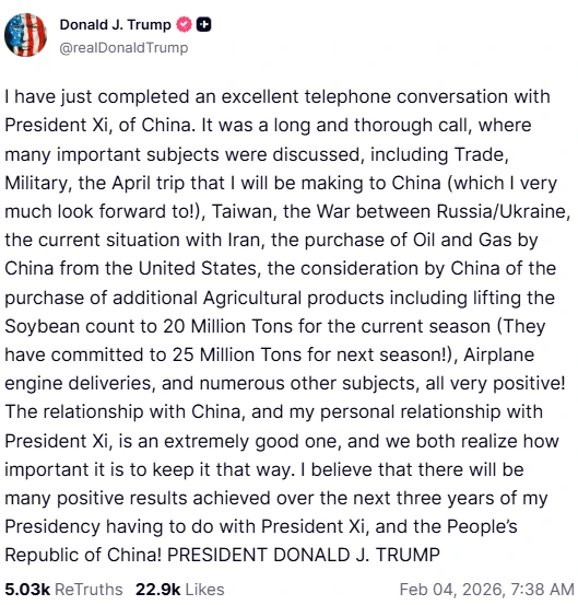 Screenshot of a Truth Social post attributed to President Trump describing a phone call with President Xi covering trade, Taiwan, Ukraine, Iran, and agricultural purchases