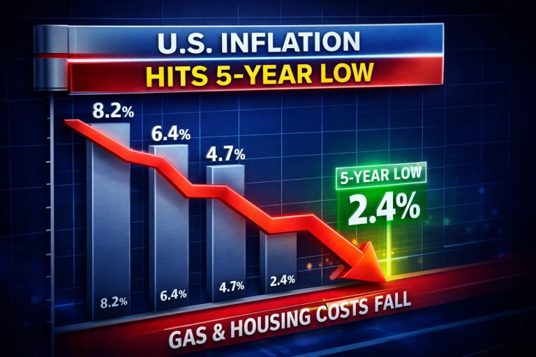 3D news style chart showing U.S. inflation trending down to a 5 year low of 2.4 percent