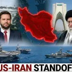 Composite graphic showing U.S. leaders facing Iranian leaders with a glowing red map of Iran above naval ships and the text “US-IRAN STANDOFF”