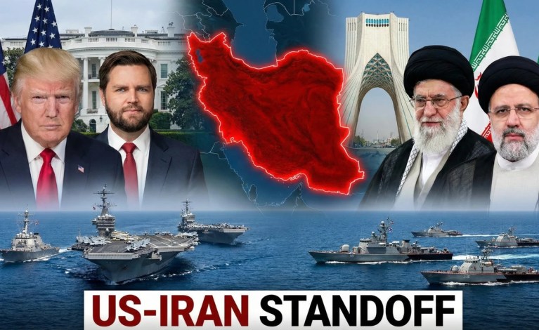 Composite graphic showing U.S. leaders facing Iranian leaders with a glowing red map of Iran above naval ships and the text “US-IRAN STANDOFF”