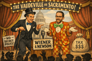 Vintage vaudeville style cartoon of Gavin Newsom and Scott Wiener performing on a stage with the California Capitol in the background
