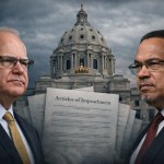 Minnesota Governor Tim Walz and Attorney General Keith Ellison in front of the Minnesota State Capitol with impeachment documents displayed between them