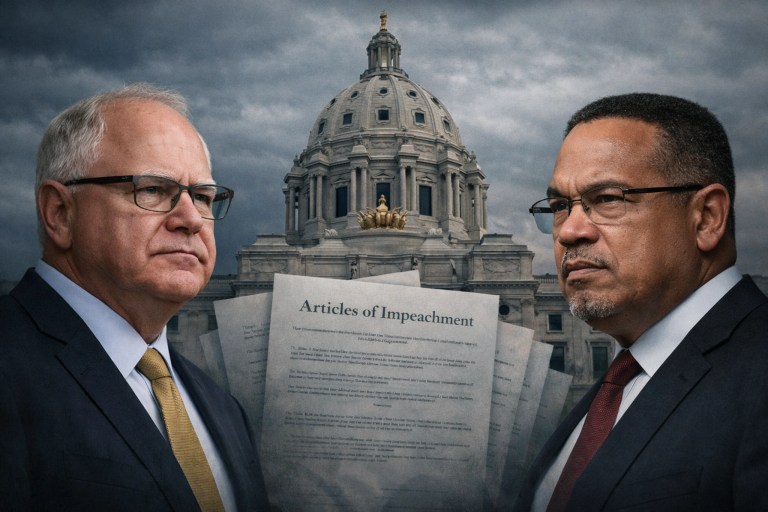 Minnesota Governor Tim Walz and Attorney General Keith Ellison in front of the Minnesota State Capitol with impeachment documents displayed between them