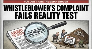 Cartoon showing whistleblower complaint stamped disproved while media buries IG finding in paragraph 7 under a media narrative pile