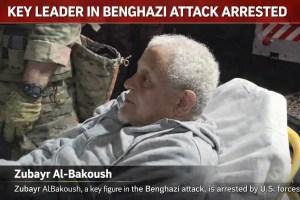 News graphic showing a detainee on a stretcher with the headline “Key Leader in Benghazi Attack Arrested”