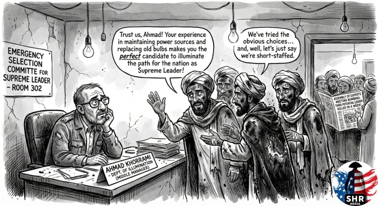 Satirical cartoon of Iran’s emergency supreme leader selection committee asking a lightbulb department manager to become supreme leader