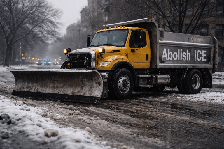 Chicago snowplow with “Abolish ICE” painted on the side in a snowy city street with police lights in the background