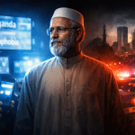 Editorial illustration depicting Yusuf Islam between media narratives about propaganda and scenes referencing terrorism and global security.