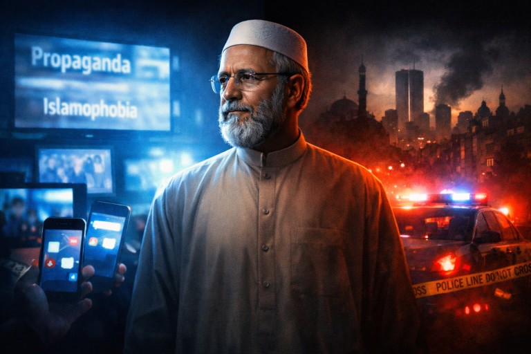 Editorial illustration depicting Yusuf Islam between media narratives about propaganda and scenes referencing terrorism and global security.