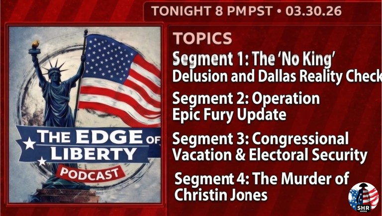 The Edge of Liberty promotional graphic for March 30 2026 featuring the Statue of Liberty logo and four show topics including No King protests, Operation Epic Fury, congressional recess and electoral security, and the murder of Christin Jones