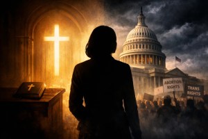 Illustration showing conflict between Christian faith and Democratic Party ideology with a church cross, Bible and the U.S. Capitol with abortion and trans rights protest signs