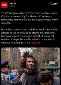 Screenshot of a CNN post on X describing two Pennsylvania suspects arrested after throwing homemade bombs outside NYC Mayor Zohran Mamdani’s home
