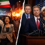 Iranians celebrating in the streets after Operation Epic Fury strikes on regime figures contrasted with U.S. lawmakers speaking at a press conference in Washington