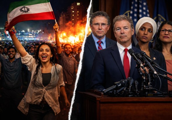 Iranians celebrating in the streets after Operation Epic Fury strikes on regime figures contrasted with U.S. lawmakers speaking at a press conference in Washington