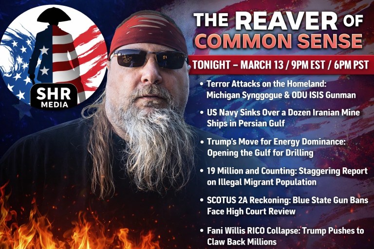 Reaver of Common Sense host Jersey Joe with SHR Media logo teasing March 13 2026 show topics including terror attacks, US Navy action against Iranian ships, illegal migrant population report, and Supreme Court Second Amendment case.