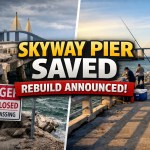 Sunshine Skyway Fishing Pier rebuild announced by Ron DeSantis showing damaged pier versus active fishing scene