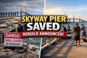Sunshine Skyway Fishing Pier rebuild announced by Ron DeSantis showing damaged pier versus active fishing scene