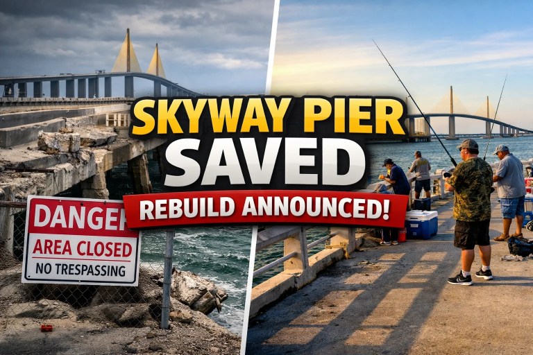 Sunshine Skyway Fishing Pier rebuild announced by Ron DeSantis showing damaged pier versus active fishing scene