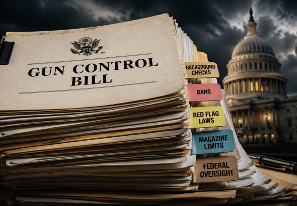 Stack of government documents labeled gun control bill with tabs for background checks, bans, and red flag laws