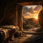 View from inside the empty tomb with folded burial cloths and sunrise light revealing three crosses in the distance