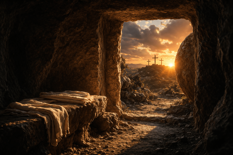 View from inside the empty tomb with folded burial cloths and sunrise light revealing three crosses in the distance