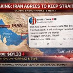 Map of the Strait of Hormuz with President Trump Truth Social post announcing Iran will keep the strait open as oil prices drop to 81.33 per barrel