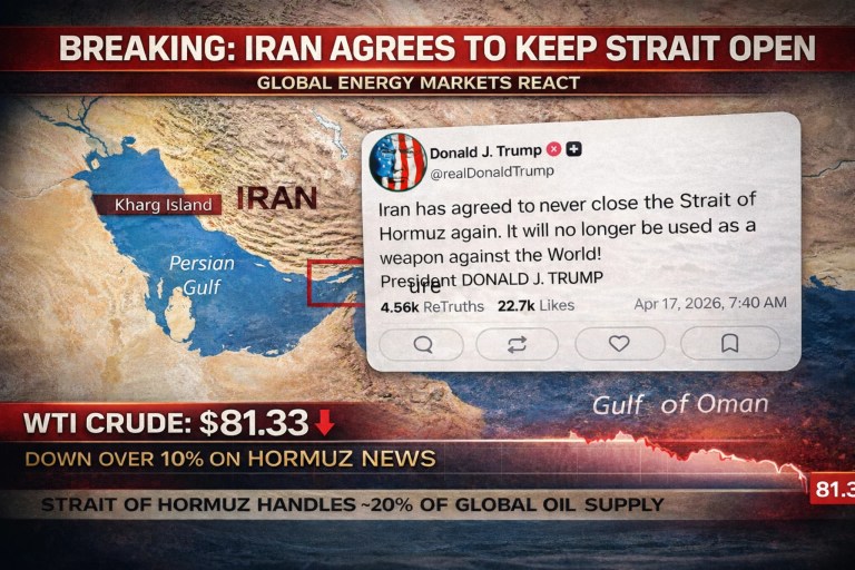 Map of the Strait of Hormuz with President Trump Truth Social post announcing Iran will keep the strait open as oil prices drop to 81.33 per barrel