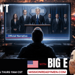 Man watching a screen showing an official narrative while chaos unfolds behind it