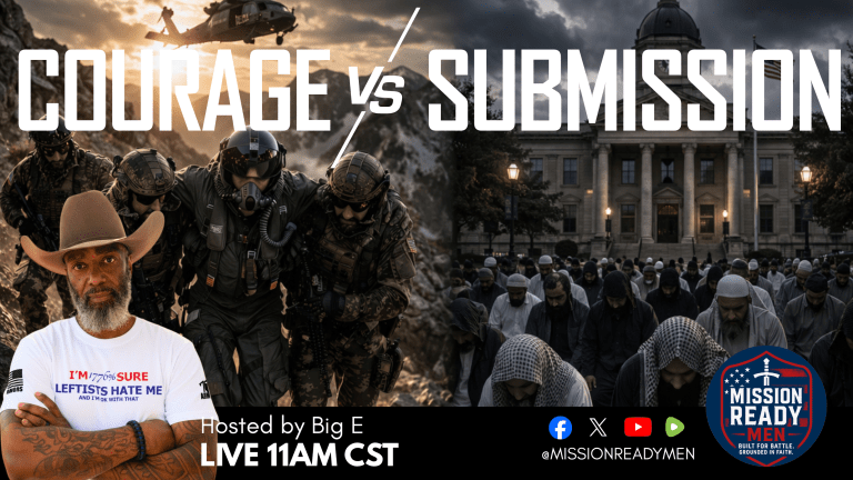 Split scene showing U.S. soldiers rescuing a pilot on a mountainside showing strength abroad contrasted with figures in submission outside a government building