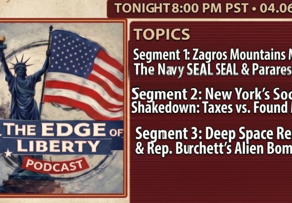 The Edge of Liberty podcast title card showing the Statue of Liberty with an American flag and three show topics for April 6, 2026 at 8:00 PM PST.