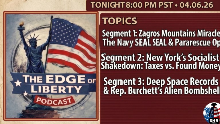 The Edge of Liberty podcast title card showing the Statue of Liberty with an American flag and three show topics for April 6, 2026 at 8:00 PM PST.