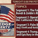 Promotional title card for The Edge of Liberty airing April 2, 2026 at 6 PM PST on SHR Media and KLRN featuring the Statue of Liberty, an American flag, and topics on Pam Bondi, California Medicare fraud, election integrity, and Operation Epic Fury