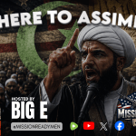Cinematic political illustration of an Islamic cleric speaking before an American flag and constitutional imagery symbolizing tension over assimilation and competing legal systems.