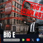 Cinematic dystopian political illustration featuring a smiling Zohran Mamdani standing with outstretched arms, symbolizing control of a government-seized apartment building covered in warning tape and confiscation notices.