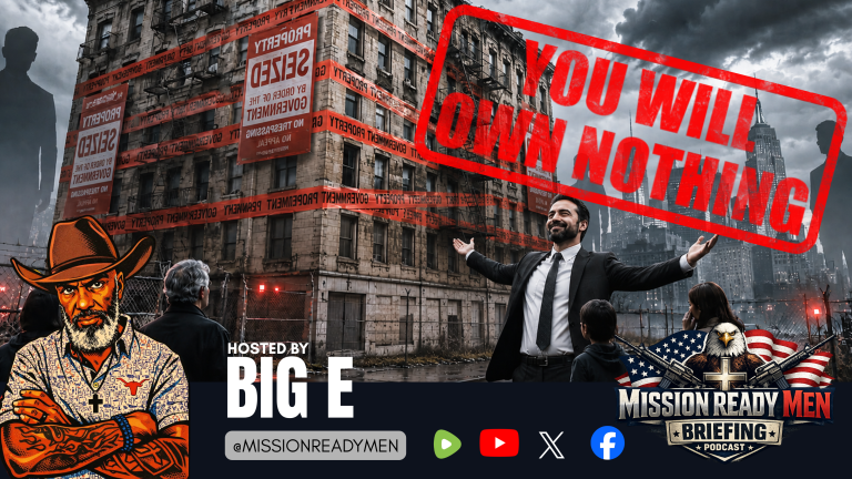 Cinematic dystopian political illustration featuring a smiling Zohran Mamdani standing with outstretched arms, symbolizing control of a government-seized apartment building covered in warning tape and confiscation notices.