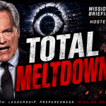 A dramatic newsroom scene showing a veteran television news anchor at a broadcast desk while studio screens glitch and crack behind him under red and blue lighting, symbolizing a corporate media meltdown.